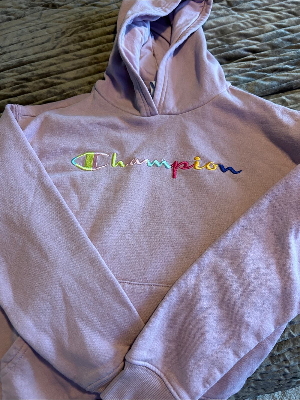 Champion Lavender Hoodie with Rainbow Script